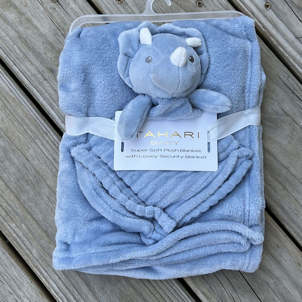 Tahari Baby Dinosaur Security Blanket Lovey Set Fleece Plush Blue Triceratops